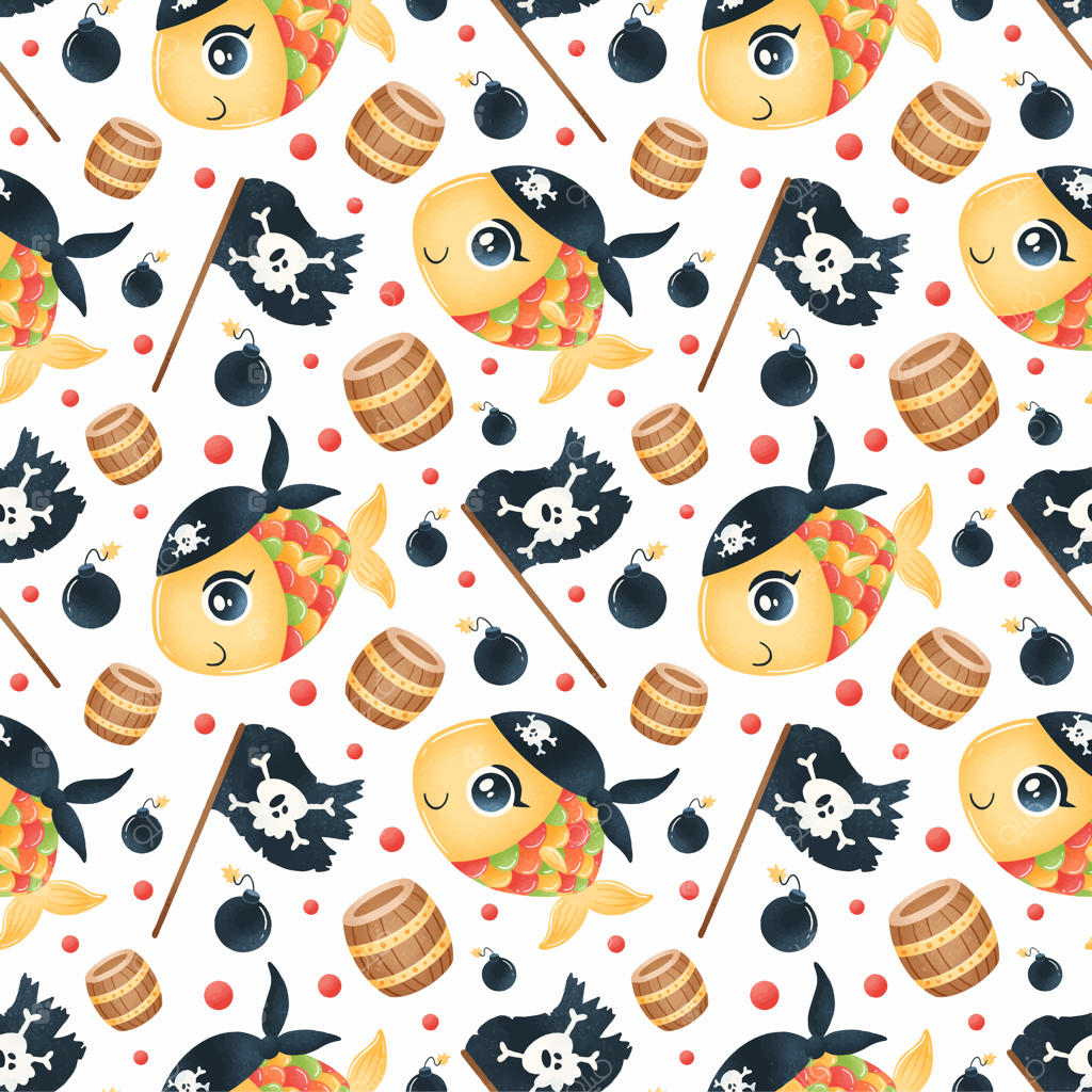 الگوی یکپارچه دزدان دریایی کارتونی و بامزه حیوانات و ماهی‌ها