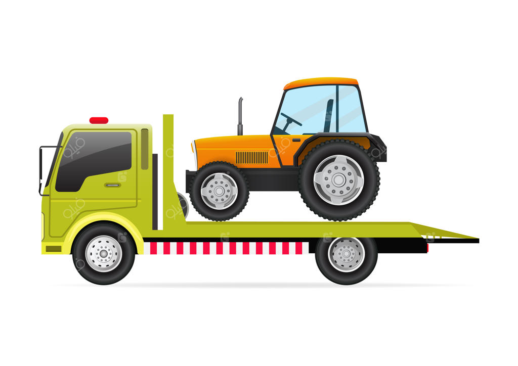 تراکتور بر روی کامیون یدک‌کش در پس‌زمینه سفید.