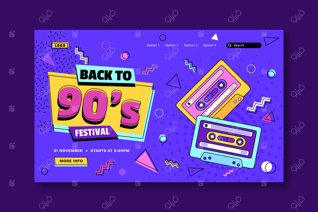 صفحه فرود جشنواره موسیقی نوستالژیک دهه ۹۰ با طراحی فلت