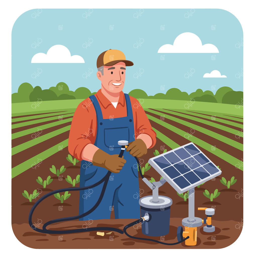 کشاورز در حال اتصال شیلنگ آبیاری به سیستم پمپاژ خورشیدی در مزرعه