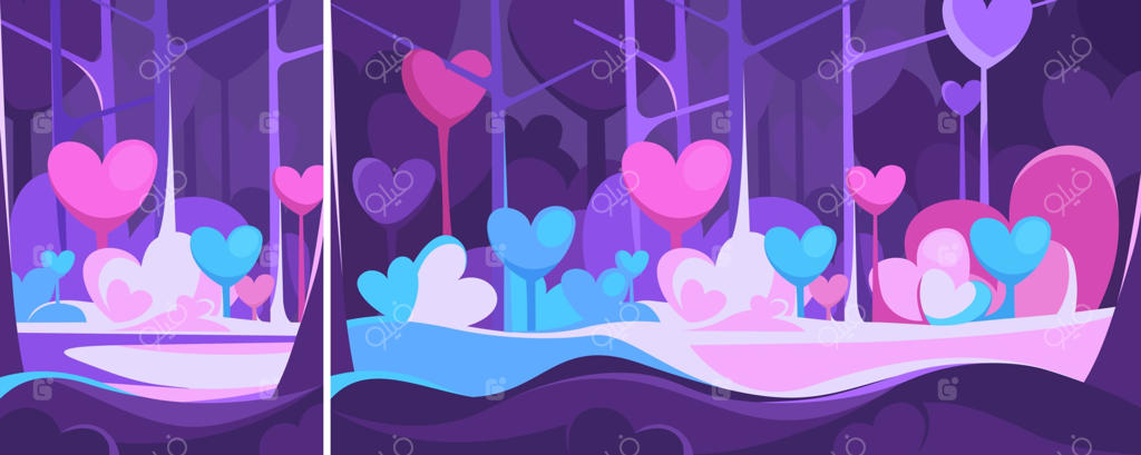 مناظر عمودی و افقی با درختان قلبی‌شکل در شب