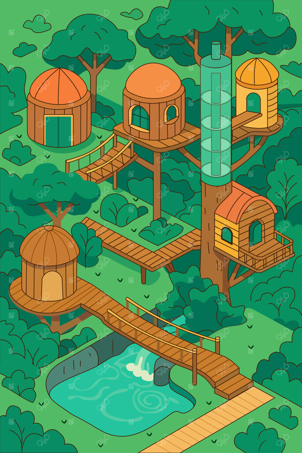 تصویری جذاب از یک دهکده خانه‌ درختی خیالی که در میان سبزه‌های انبوه جای گرفته است، صحنه‌ای از آرامش بازیگوشانه را به نمایش می‌گذارد و بیننده را به دنیایی از تخیل دعوت می‌کند.