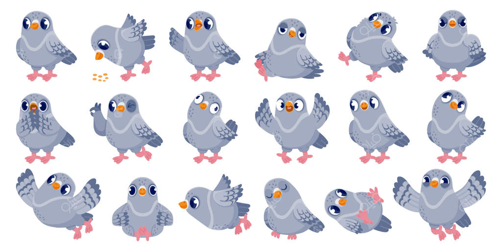 کارتون کبوتر - شخصیت پرنده بامزه با احساسات مختلف در ژست‌های گوناگون، کلیپ‌آرت نماد کمیک، مجموعه‌ای از کبوتر در حال پرواز