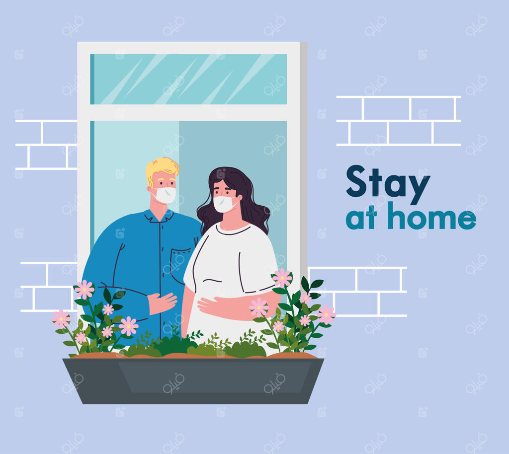 در خانه بمانید، قرنطینه یا خود ایزوله، نمای خانه با پنجره‌ها، زوجی که ماسک پزشکی زده‌اند و از خانه بیرون را نگاه می‌کنند