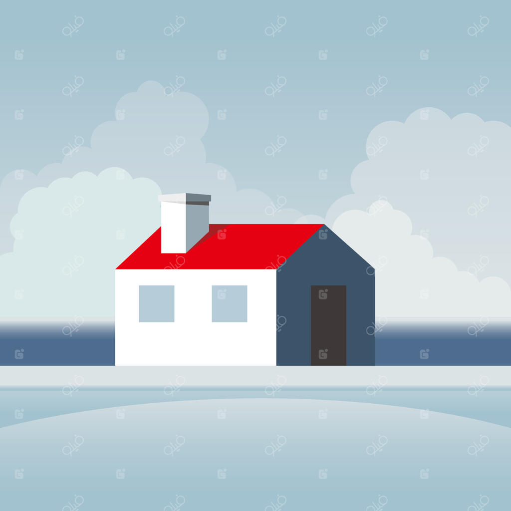 خانه‌ی قرمز در میان جنگل با درختان کاج پوشیده از برف.