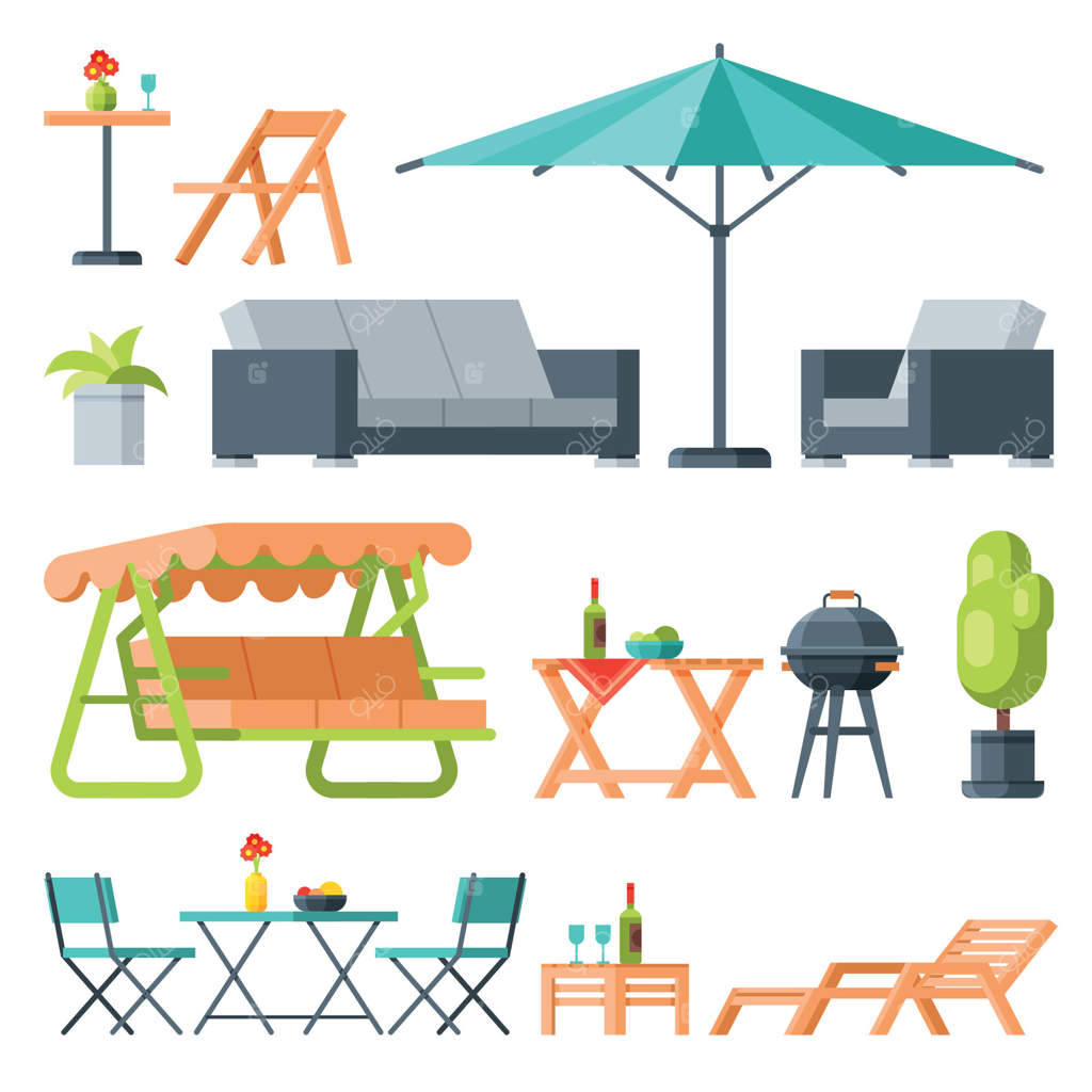 مجموعه مبلمان باغ مدرن: میز، سایبان، نیمکت تابدار، صندلی راحتی و کباب‌پز - تصویر مسطح