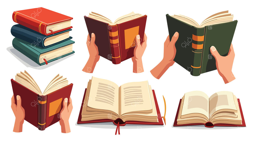 مجموعه‌ای از کتاب‌های تودرتو برای مطالعه، شامل متن‌های آموزشی مانند فرهنگ لغات و دایره‌المعارف‌ها، به صورت ایزوله در تصویرسازی ساده.