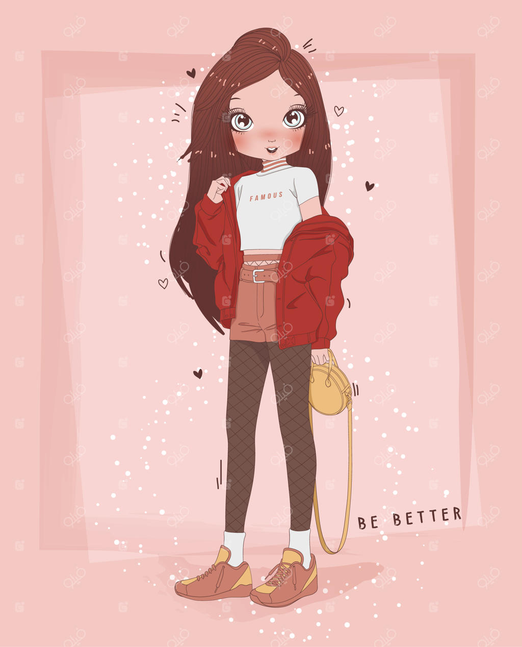 نقاشی دستی دختر بامزه با پس‌زمینه