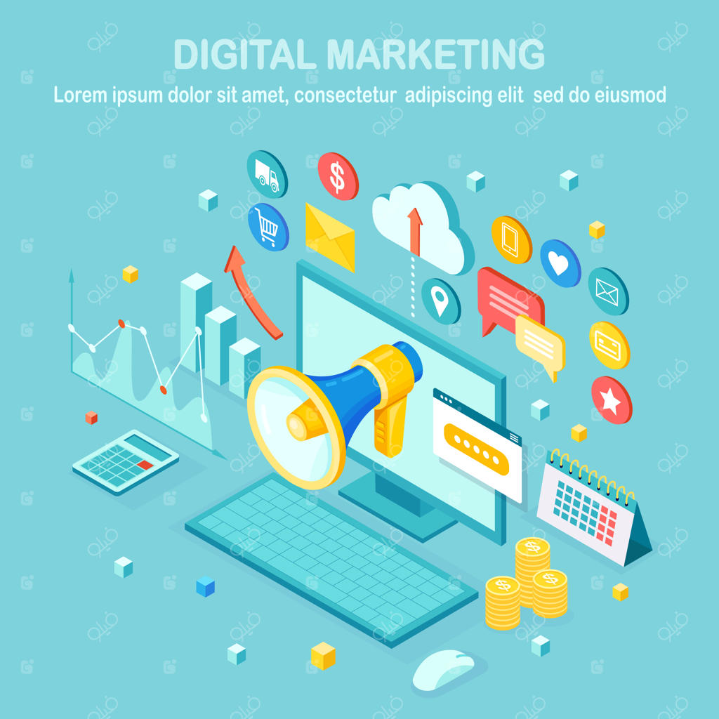 بازاریابی دیجیتال: کامپیوتر سه‌بعدی ایزومتریک، لپ‌تاپ، رایانه شخصی با پول، نمودار، پوشه، بلندگو و بوق. استراتژی توسعه کسب‌وکار و تبلیغات. طراحی و تحلیل شبکه‌های اجتماعی