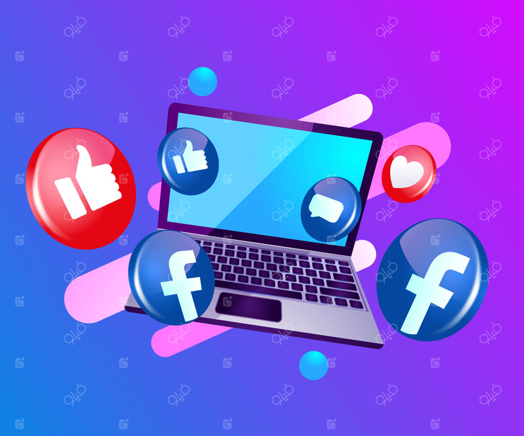 آیکون سه‌بعدی فیسبوک در شبکه‌های اجتماعی با لپ‌تاپ دسکتاپ
