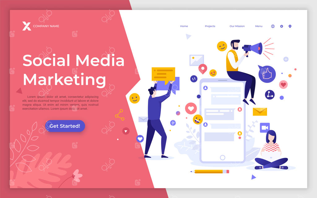 قالب صفحه فرود با گوشی هوشمند بزرگ و افراد مشغول به کار در کنار بازاریابی رسانه‌های اجتماعی یا تحقیق بازار دیجیتال - تصویرسازی تخت مدرن برای تبلیغ خدمات آنلاین