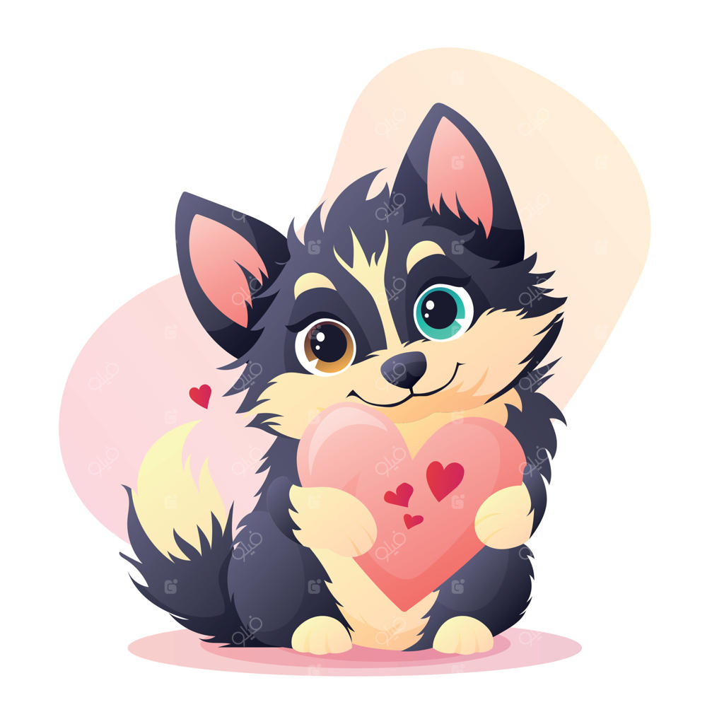 تصویر یک توله‌سگ بامزه با قلب روی پس‌زمینه سفید به سبک کارتونی