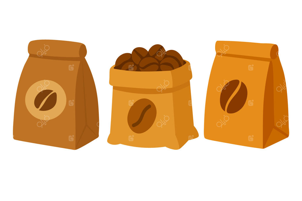 مجموعه کلیپ‌آرت کیسه‌های قهوه و بسته‌های دانه در طراحی مسطح و گرم برای کافه و غذا.