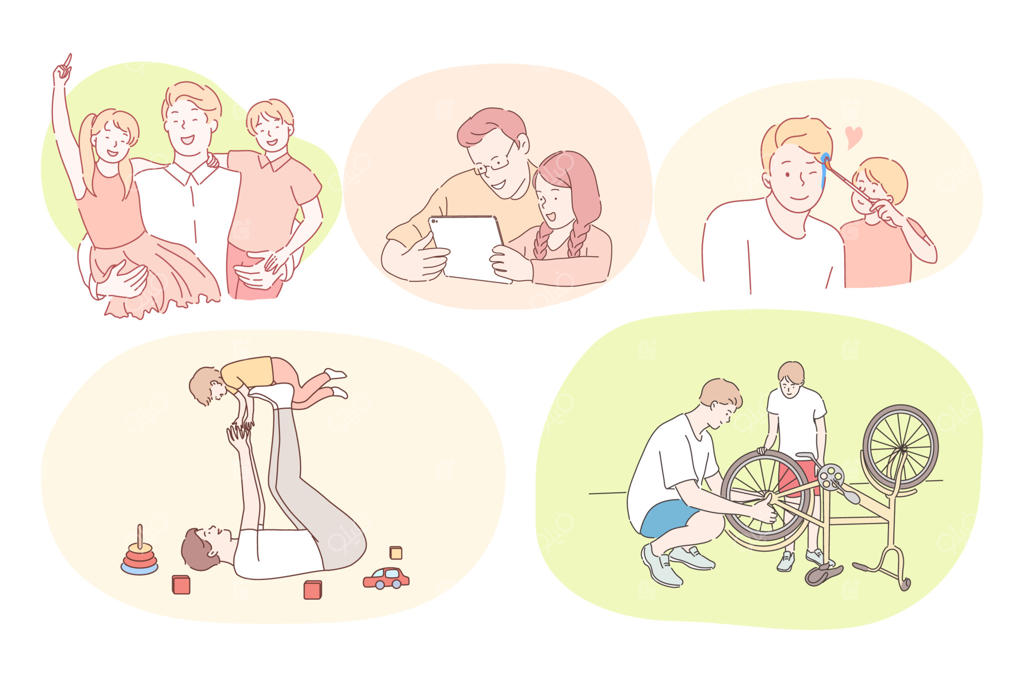 پدر و فرزند، روز پدر و مفهوم فعالیت با کودکان؛ پدران جوان در حال بازی با بچه‌ها، تماشای فیلم، تعمیر دوچرخه، در آغوش گرفتن و خوش‌گذرانی در خانه یا فضای باز