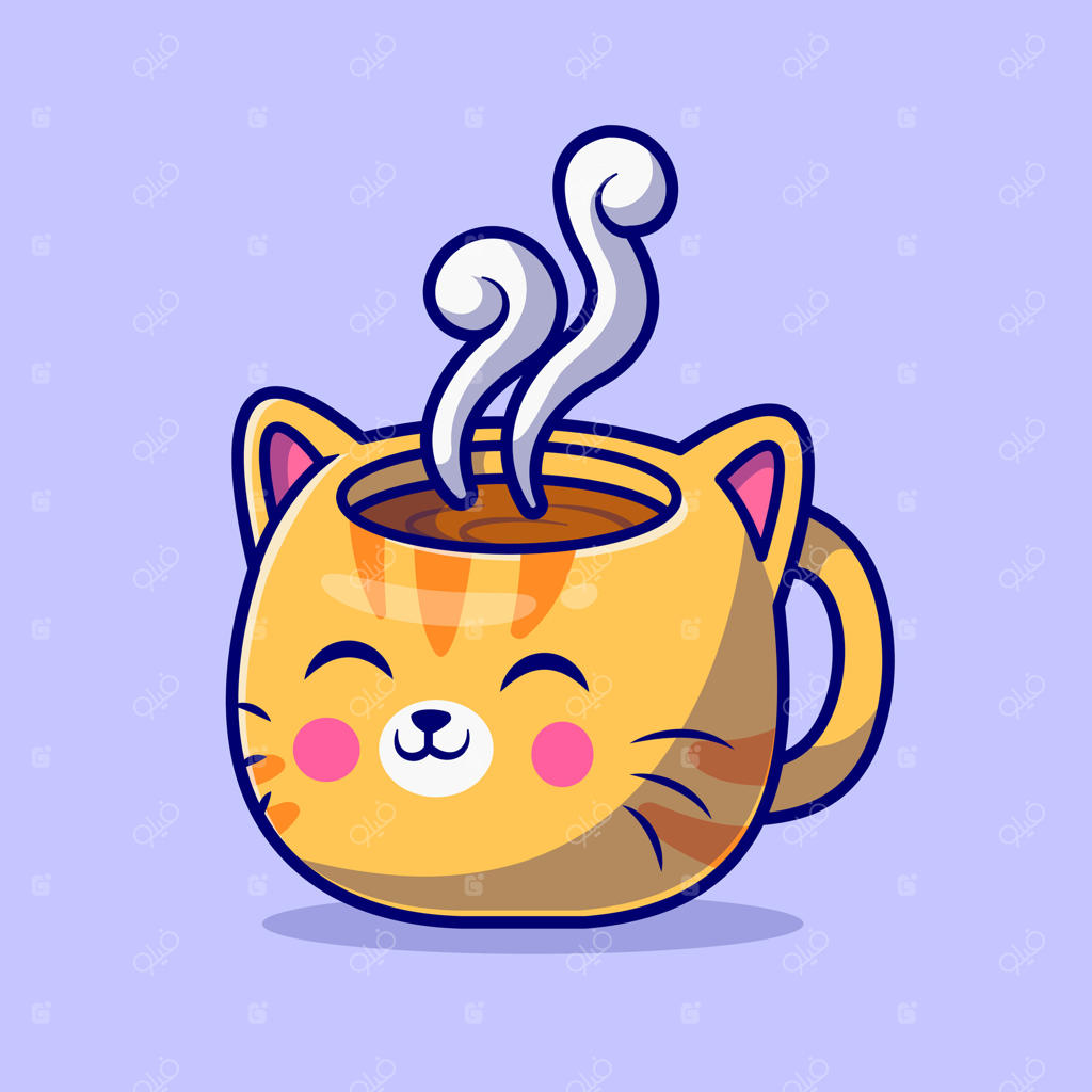 فنجان گربه بامزه با قهوه داغ کارتونی