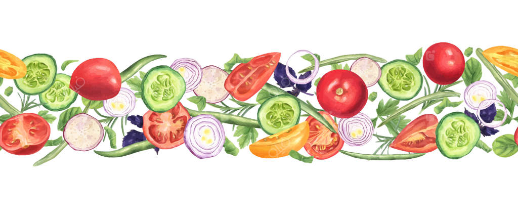 تصویرسازی آبرنگی از سبزیجات تازه باغ: گوجه فرنگی کامل و نصفه، خیار، پیاز با گیاه ریحان، آویشن، برگ کاهو، رزماری، جعفری به صورت حاشیه یکپارچه برای دستور پخت‌ها