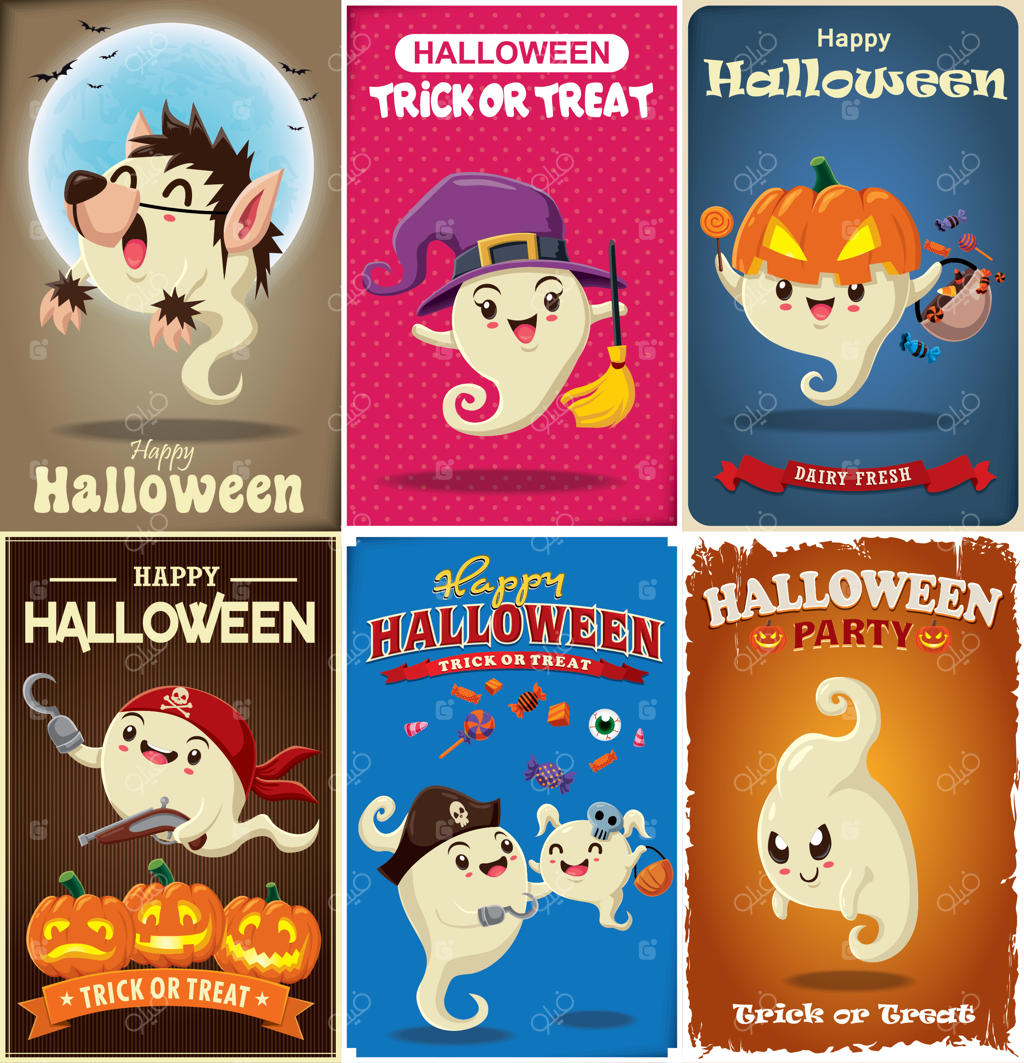 مجموعه طراحی پوستر هالووین قدیمی با شخصیت‌های جادوگر، مرد گرگ‌نما، روح و دزد دریایی.
