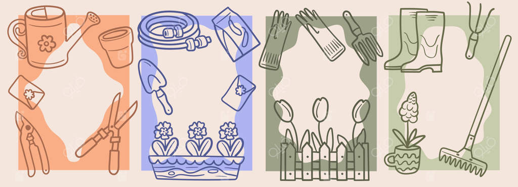 مجموعه کارت‌پستال‌های طراحی خطی باغبانی با ابزارهایی مانند آب‌پاش، دستکش، چنگک و گیاهان مانند لاله و سنبل، ایده‌آل برای طراحی باغ، پروژه‌های بهاری و تبریکات با تم طبیعت.