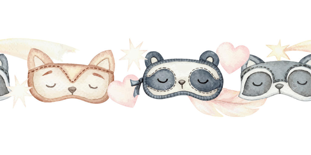 مرز پیوسته مهمانی پیژامه با نقاب‌های خواب بامزه، احاطه‌شده با پرهای نرم و قلب‌ها. تصویرسازی دستی با آبرنگ به سبک کارتونی. مناسب برای الگوهای کودکانه و طراحی‌های نوزاد.