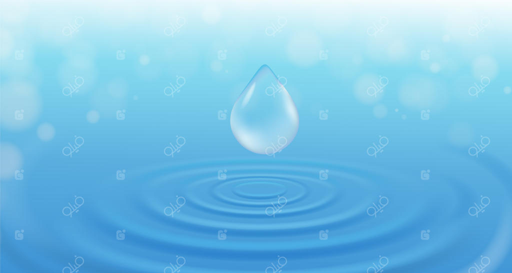 زاویه دید از جلو از موج آب ایجاد شده توسط قطره باران روی پس‌زمینه آبی با نورهای محو شده