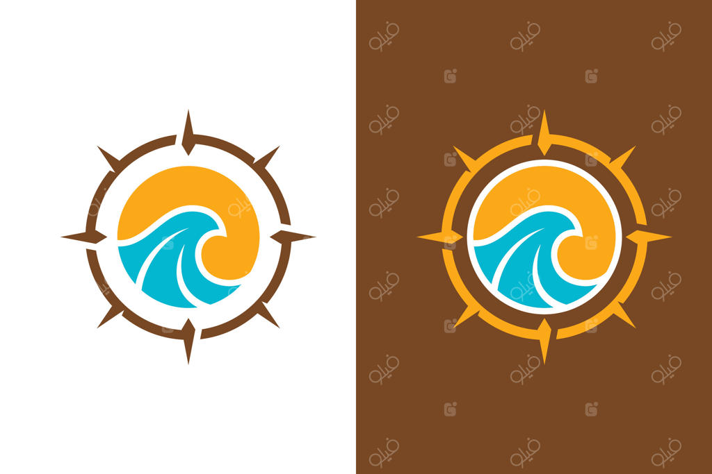 لوگوی موج تابستان با قاب دایره‌ای قطب‌نما برای تجارت گردشگری در ساحل و فضای باز و اقامتگاه تفریحی