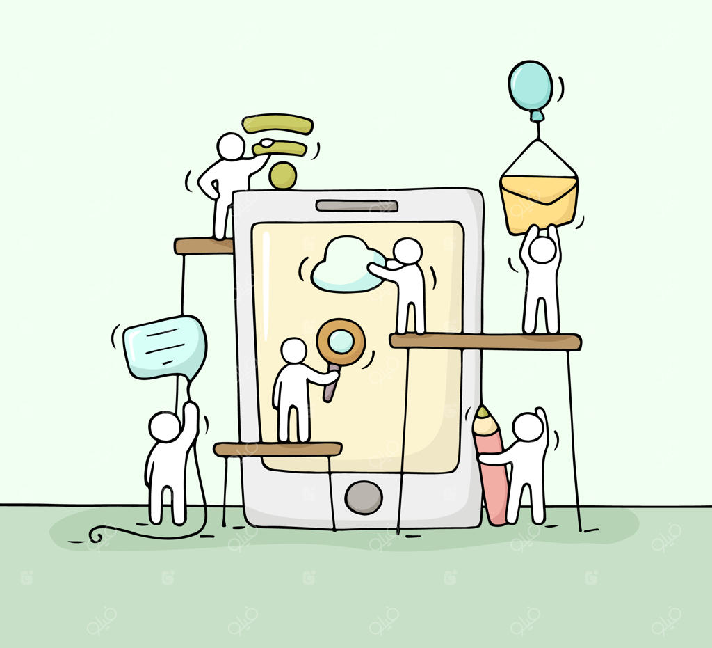 طرح آدمک‌های کوچک در حال کار با تلفن همراه. دودل بامزه از همکاری تیم کوچک با نمادهای کامپیوتری. طراحی کارتونی دست‌کشیده برای دنیای فناوری.