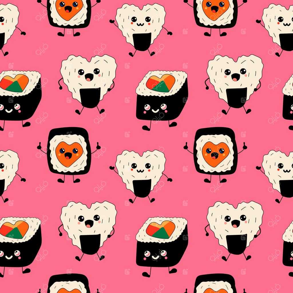 طرح یکپارچه با مفهوم عشق به سوشی: سوشی‌ها و رول‌های بامزه و خوشحال با چشمان کاوایی.