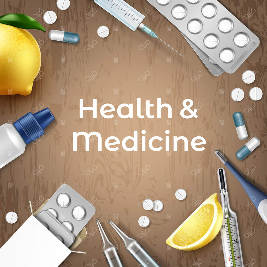 پس‌زمینه پزشکی سه‌بعدی و واقع‌گرایانه با قرص‌ها، کپسول‌ها، دماسنج دیجیتال و جیوه‌ای و لیموها روی زمینه چوبی