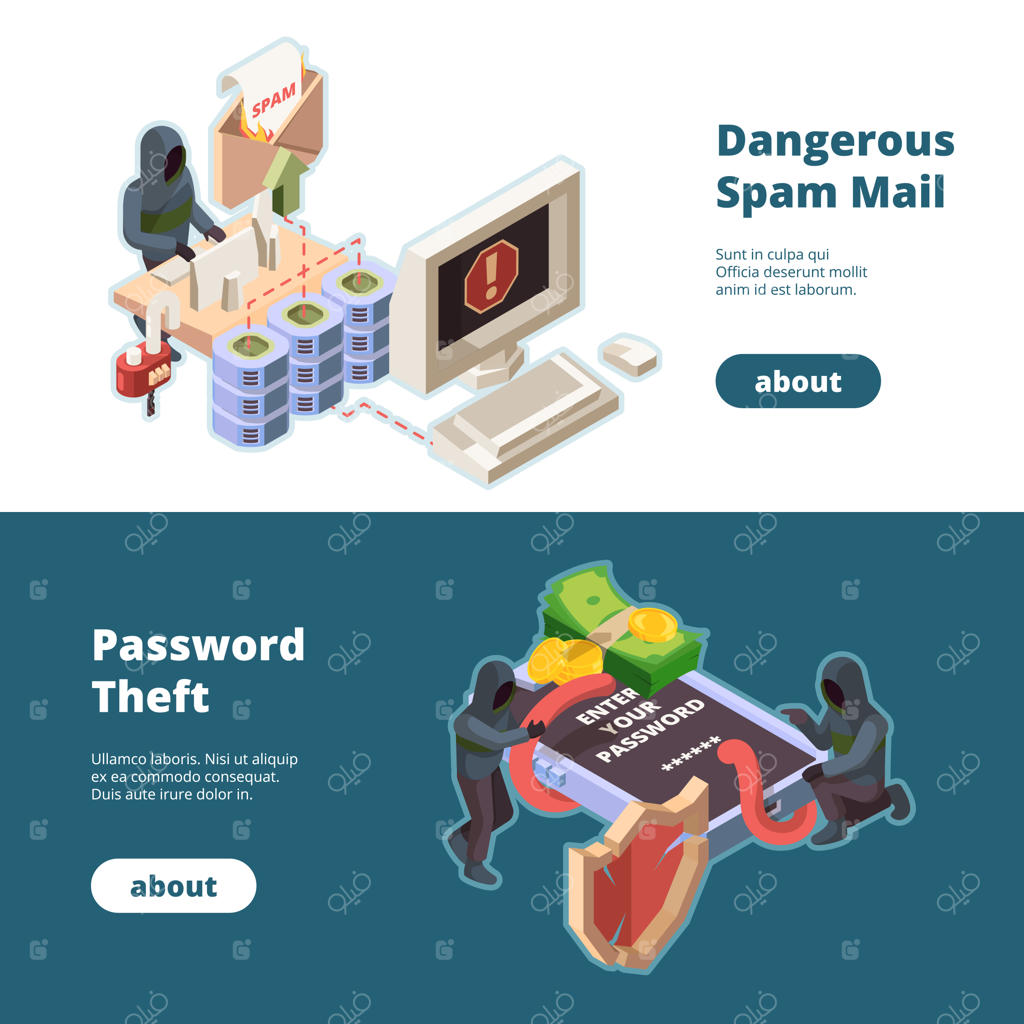 بنرهای امنیت سایبری: حمله هکرها، ایمیل‌های اسپم، ویروس‌ها، سرقت آنلاین پول و اطلاعات. تصاویر ایزومتریک از حفاظت داده‌ها و حملات سایبری، کلاهبرداری و ویروس‌های شبکه.