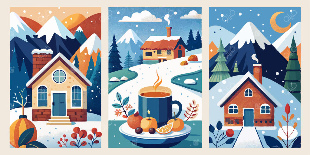 منظره زمستانی با خانه‌ها، درختان و یک فنجان قهوه