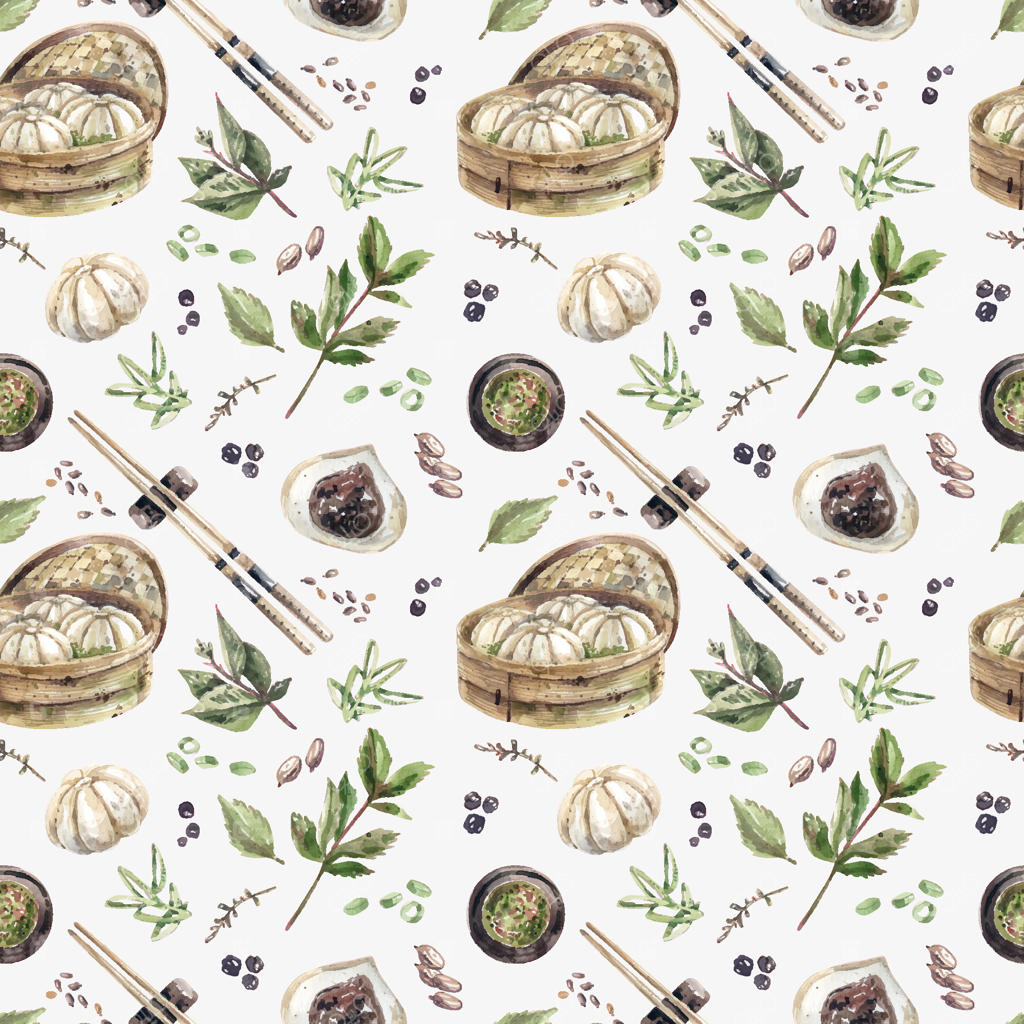 پترن یکپارچه آبرنگی با غذاهای سنتی ژاپنی، دامپلینگ‌های بخارپز و سس تند