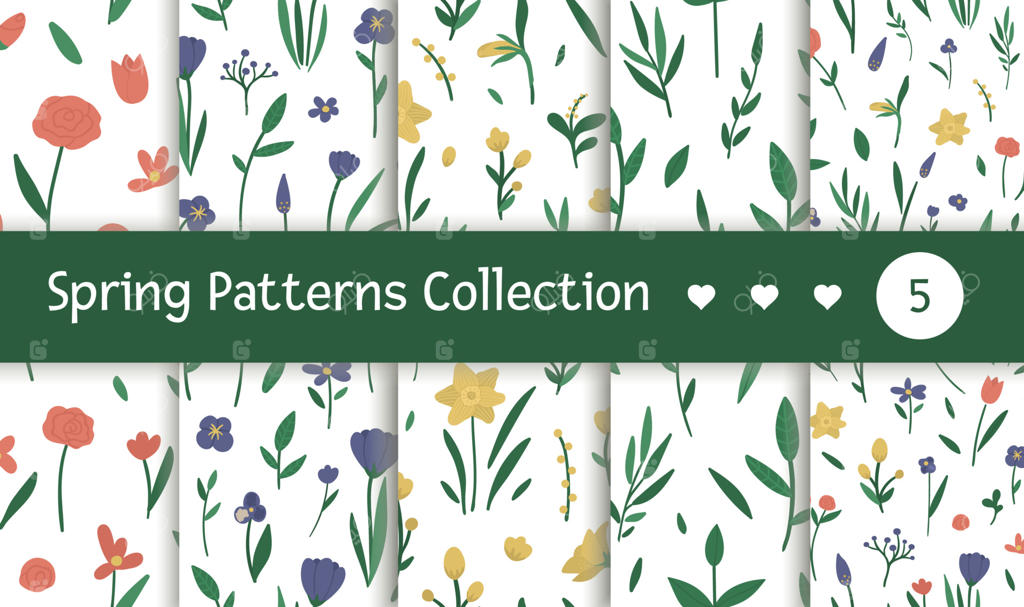 مجموعه الگوهای یکپارچه وکتور با عناصر مختلف گل: بسته‌ای از پس‌زمینه‌های تکرارشونده باغ با گیاهان تزئینی و بافتی از گیاهان و گل‌های بهاری و تابستانی.