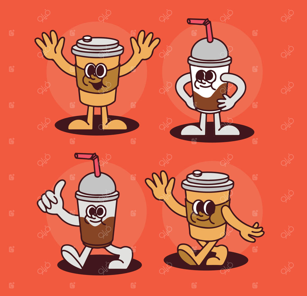 نماد نوشابه و قهوه رترو برای برندسازی رستوران کافه با شخصیت‌های کارتونی به سبک قدیمی