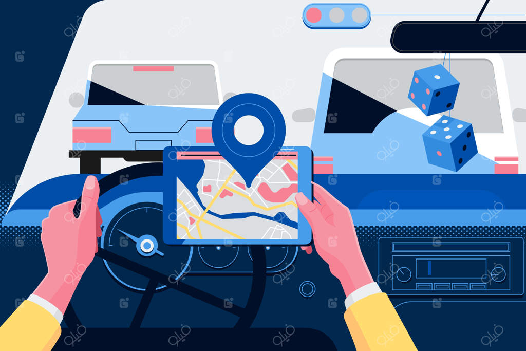 مرد در حال استفاده از سیستم ناوبری در هنگام رانندگی با خودرو