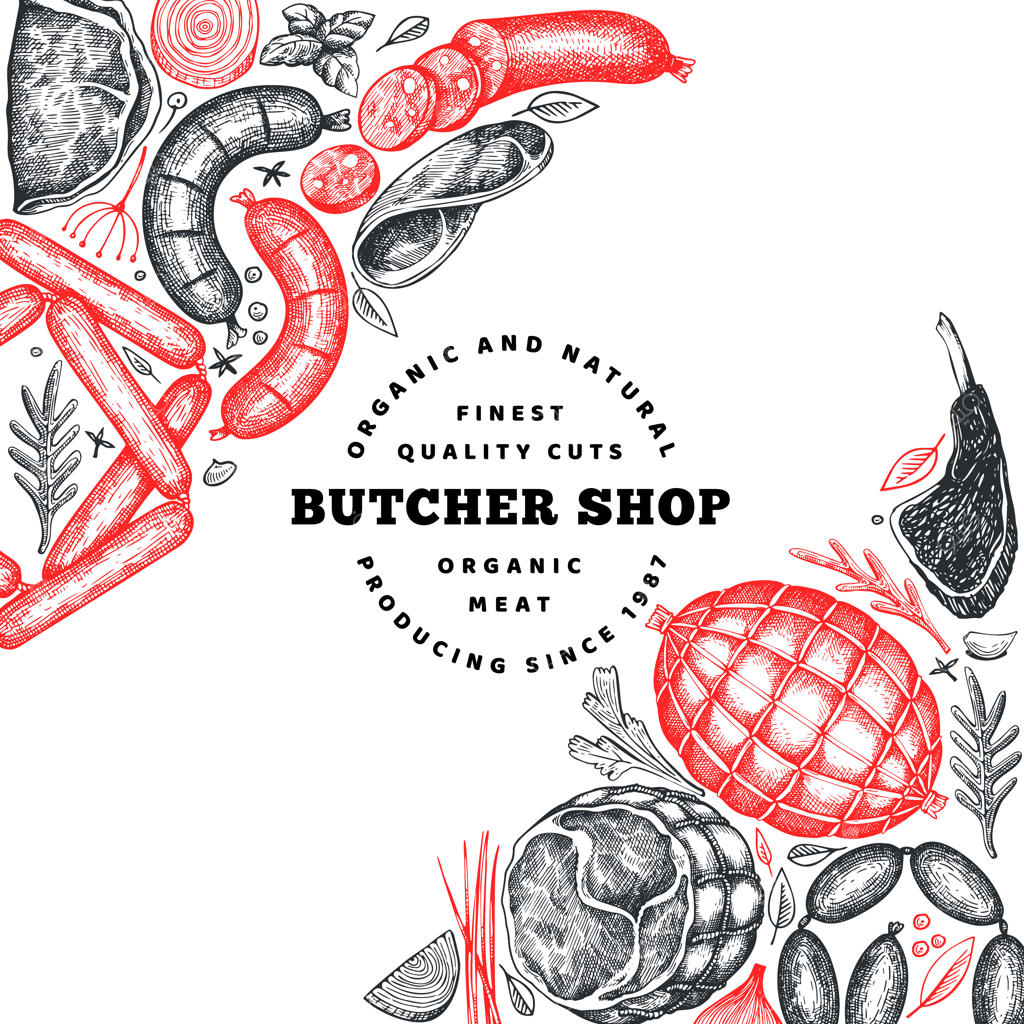 قالب طراحی وکتور محصولات گوشتی به سبک رترو