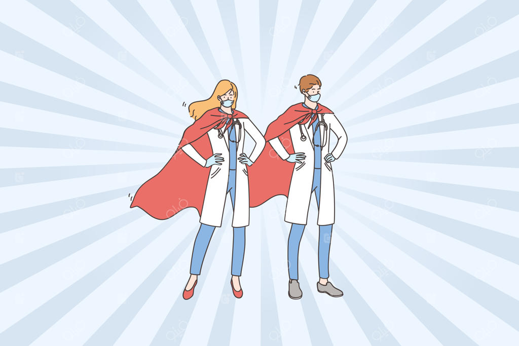 دکترها، قهرمانان دوران کووید-19: زوج جوانی از ابر دکترها با ماسک و شنل پزشکی