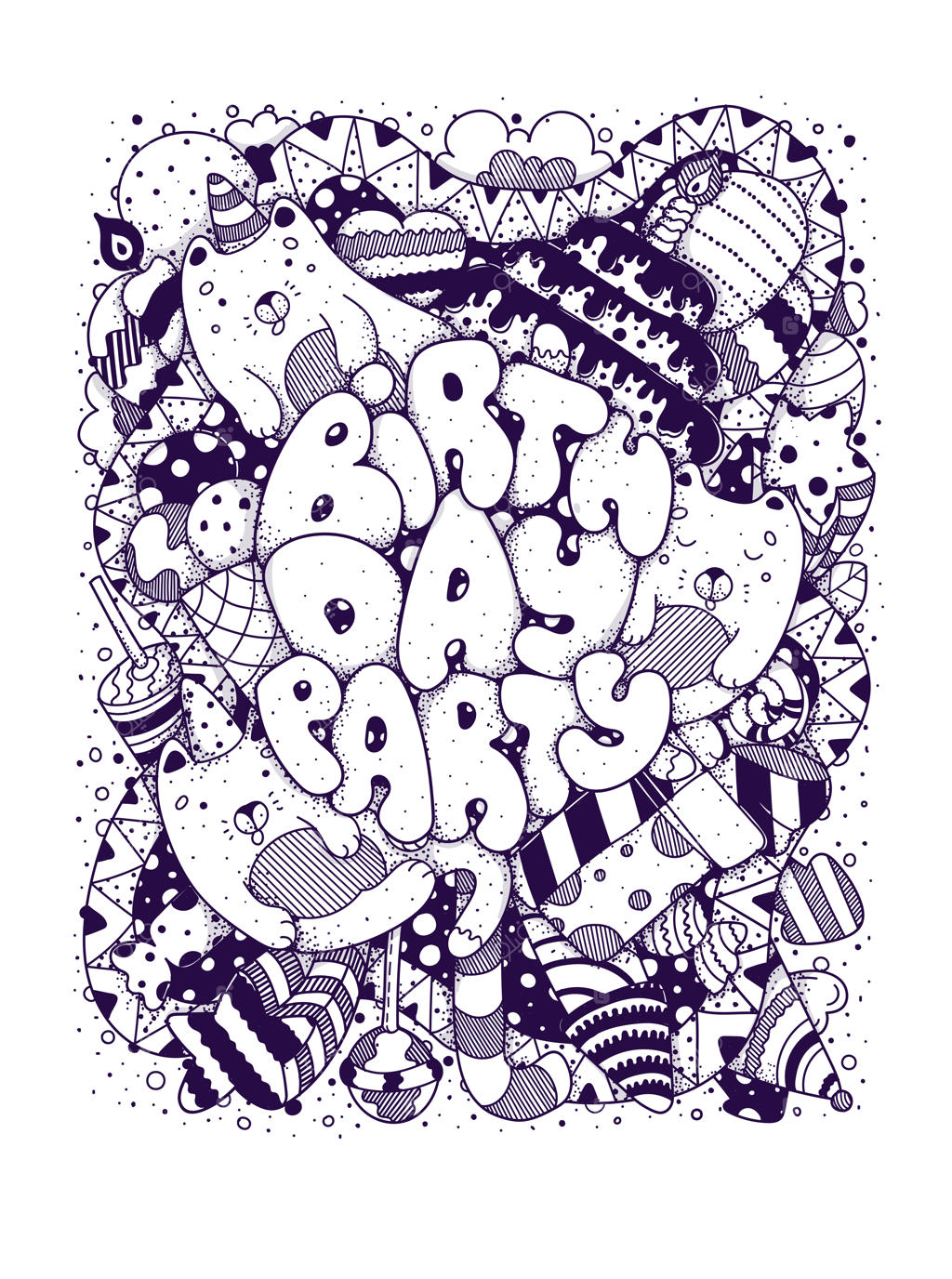 نقاشی‌های کارت تولد، نوشته‌های مشکی کارتون‌های قدیمی، جشن تولد مبارک.