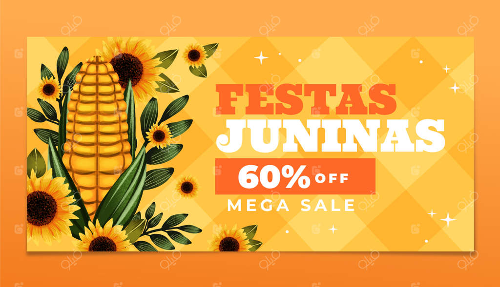 قالب بنر فروش جشن ژوئن با گل‌های آفتابگردان آبرنگی