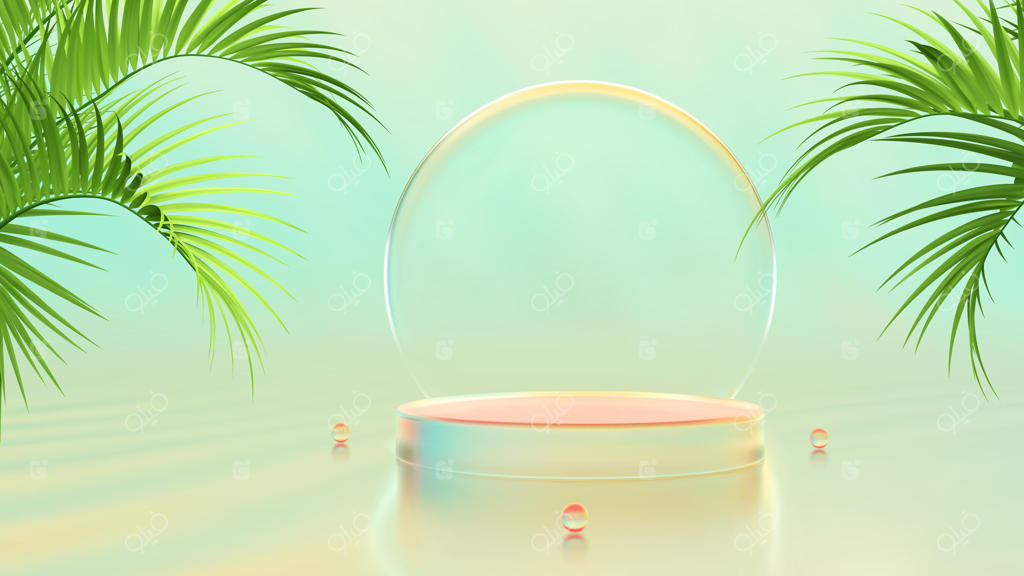 تابستانی‌ترین محصول. بنر فروش تابستانی. نمایشگاه شیشه‌ای. سکوی نمایش محصول با برگ‌های نخل گرمسیری. پس‌زمینه رنگارنگ آبی، زرد و نارنجی.