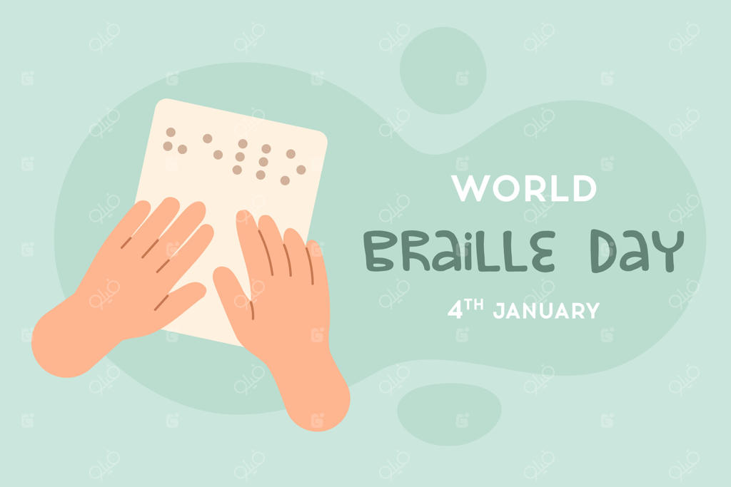 تصویر افقی برای روز جهانی بریل در ۴ ژانویه با دستانی که متن بریل را می‌خوانند، تاکید بر خوانش فراگیر و دسترسی‌پذیری برای نابینایان