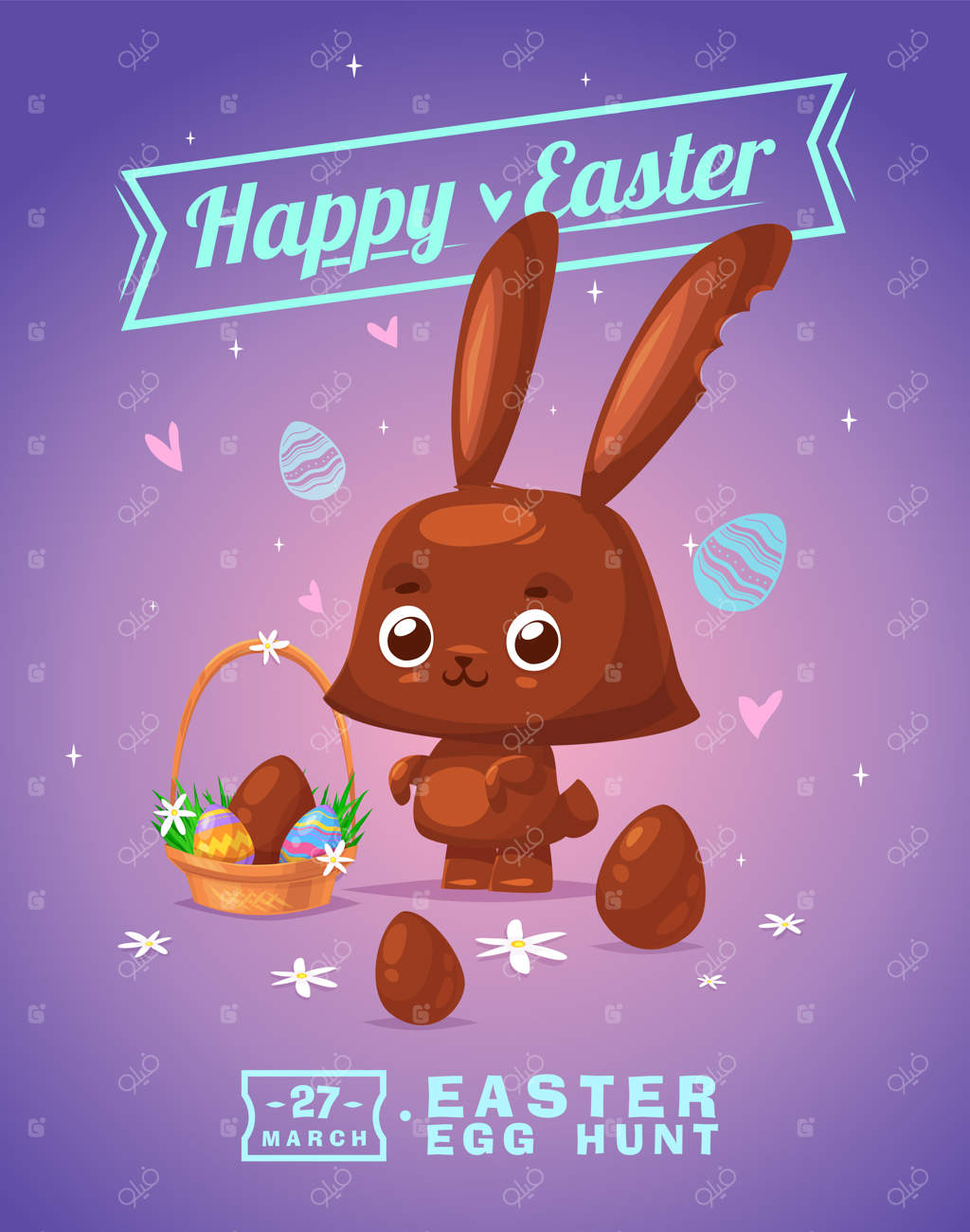 کارت تبریک عید پاک با خرگوش شکلاتی و تخم‌مرغ‌ها. تصویرسازی کارتونی برداری. شخصیت‌های زیبا و مدرن. تصویرسازی برداری.
