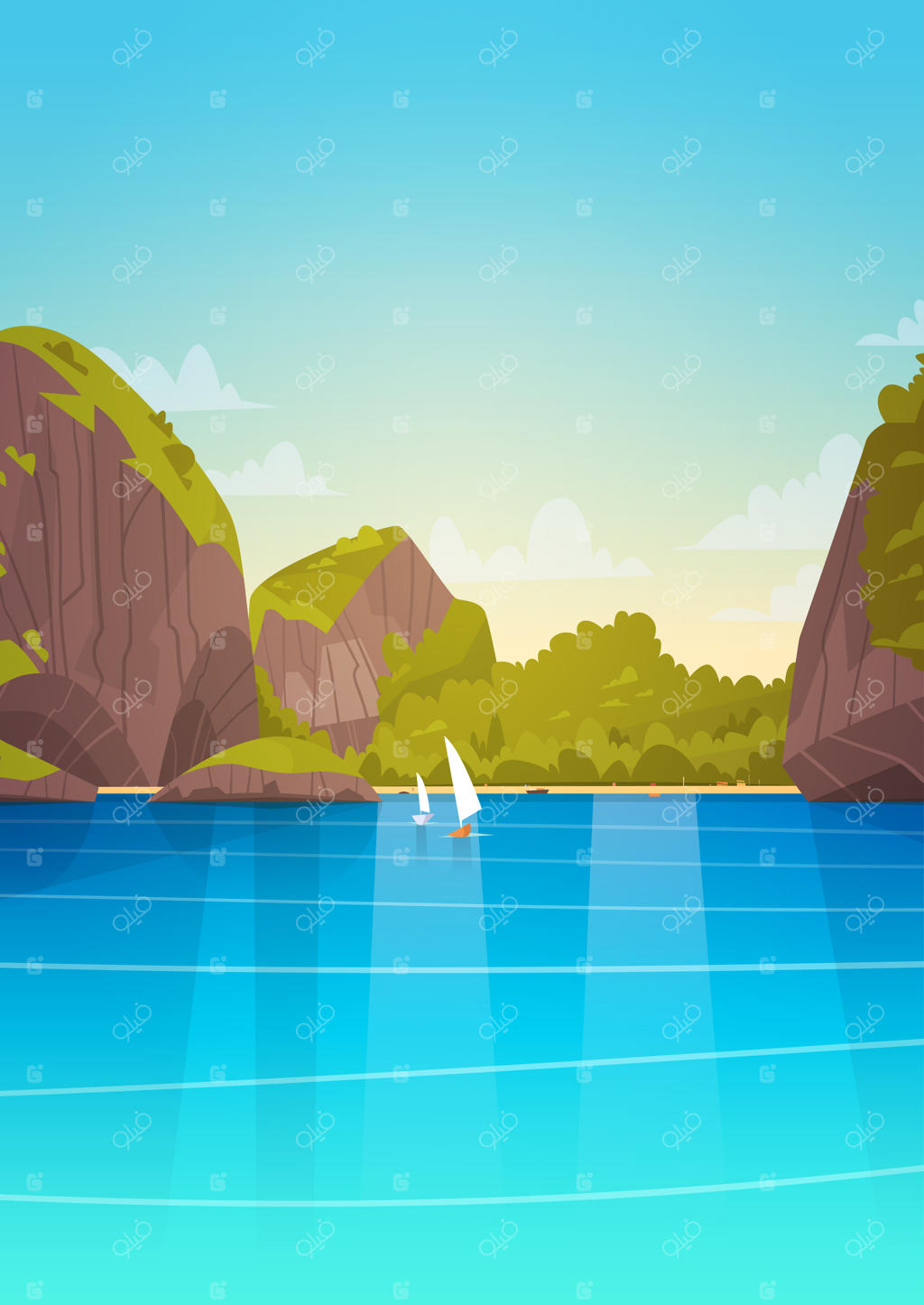 چشم‌انداز دریا: ساحل زیبای آسیایی با منظره کوهستانی و تابستانی دریا