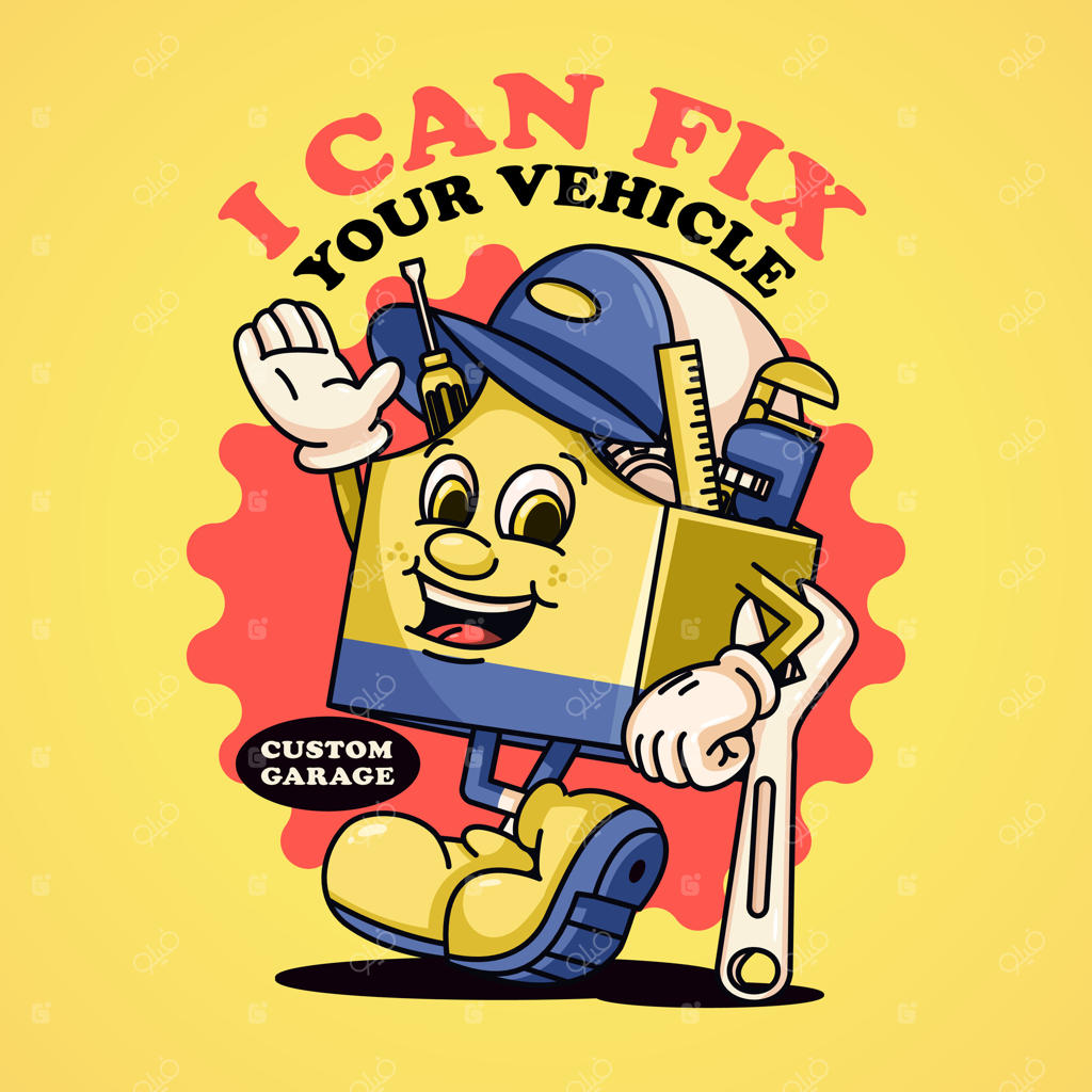 کاراکتر رترو جعبه ابزار کارگاه با آچار؛ مناسب برای لوگو، ماسکات، تیشرت، برچسب و پوسترها