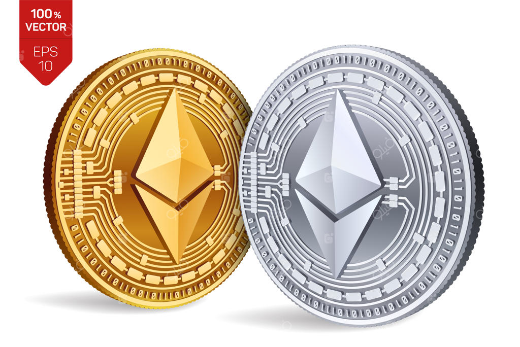 سکه‌های طلایی و نقره‌ای ارز دیجیتال با نماد اتریوم بر روی زمینه سفید.