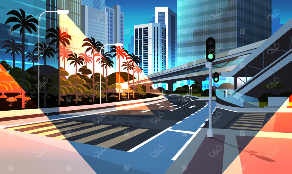 جاده بزرگراه در شب با آسمان‌خراش‌های مدرن در شهر