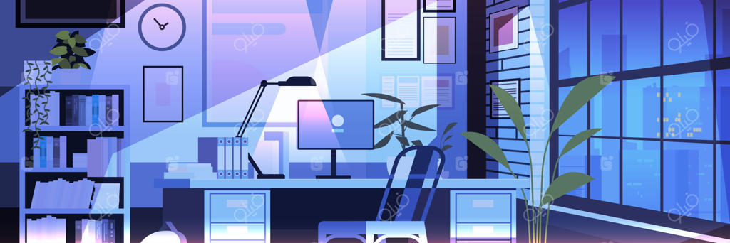 دکوراسیون مدرن دفتر کار خانگی در فضای باز شبانه برای کار شرکتی یا فریلنسری