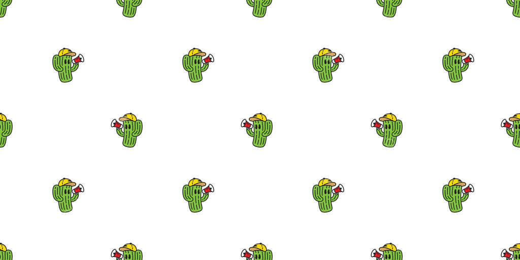 پترن یکپارچه کاکتوس کارتونی: بوق صحرایی، گلخانه‌ای و گیاهی، کاغذ کادو، کاشی پس‌زمینه تکرار شونده، طراحی تصویرسازی دوودل، روسری مجزا