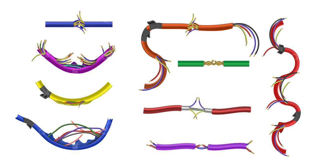 مجموعه‌ای واقعی از کابل‌های برق آسیب‌دیده با رنگ‌ها و طول‌های مختلف - تصویر برداری ایزوله شده