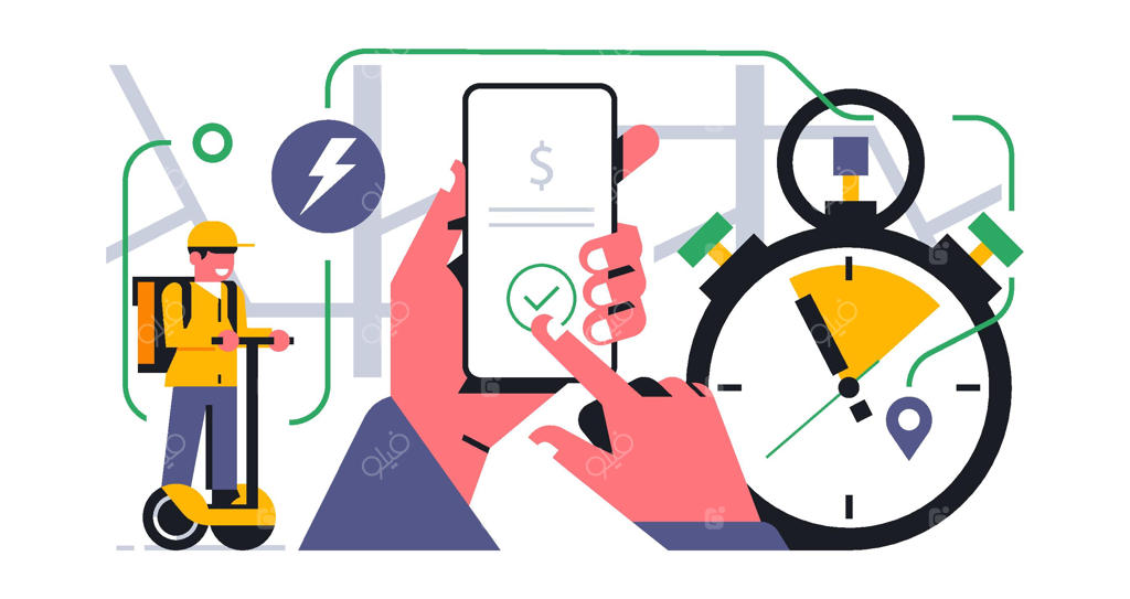 سرویس تحویل غذای آنلاین به منزل، پرداخت موفق آنلاین برای تحویل غذا، پیک مسیر نقشه آدرس جی‌پی‌اس را دنبال می‌کند، پرداخت با اپلیکیشن موبایل، اسکوتر برقی، زمان‌سنج، تصویر وکتور