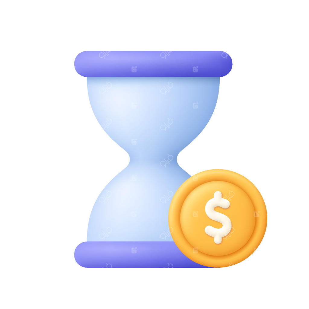 ساعت شنی با سکه دلار: مفهوم تجارت، بودجه، سرمایه‌گذاری، زمان و موعد. آیکون سه‌بعدی به سبک کارتونی و مینیمال.